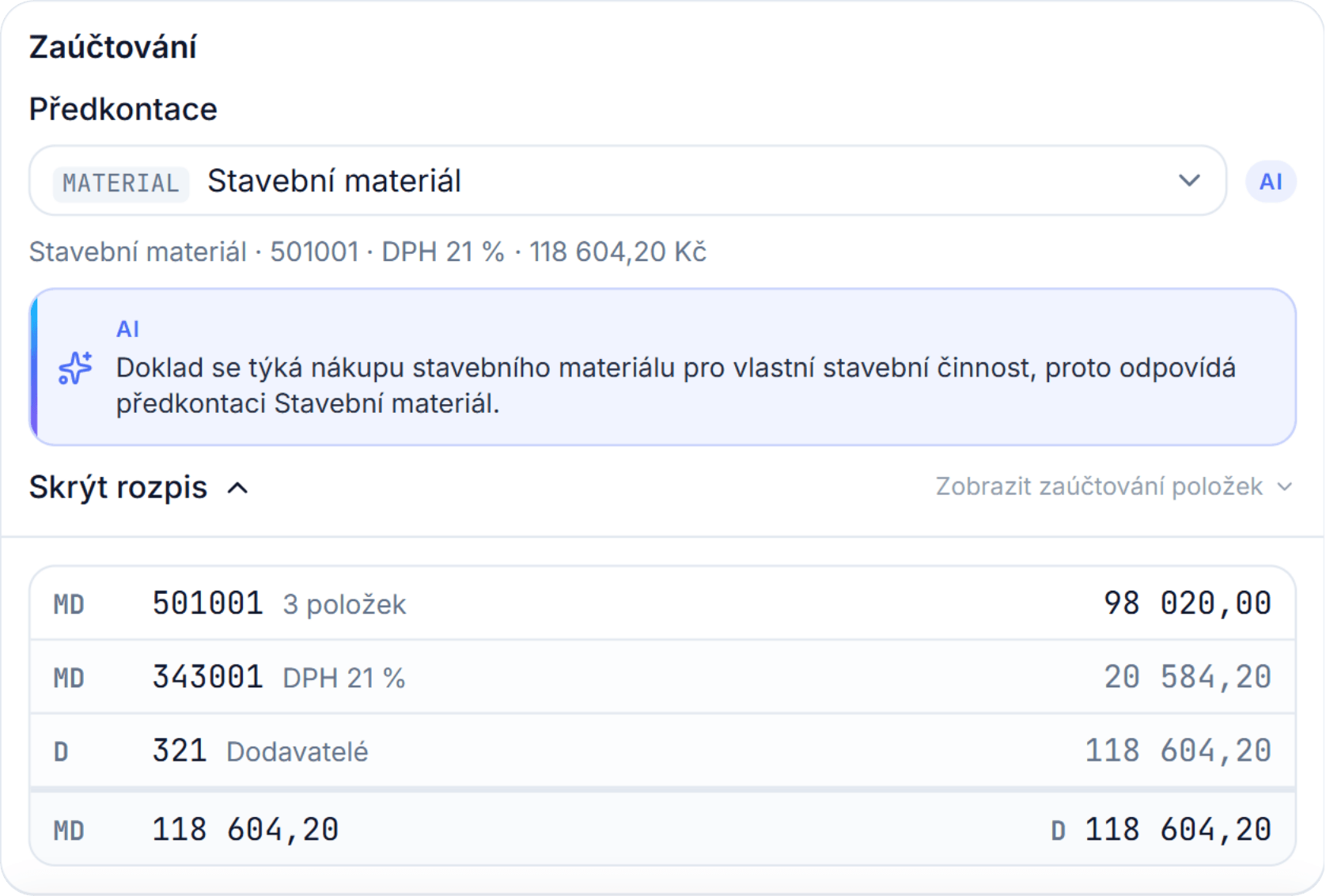 Návrh zaúčtování s předkontací, účty MD a D a AI vysvětlením