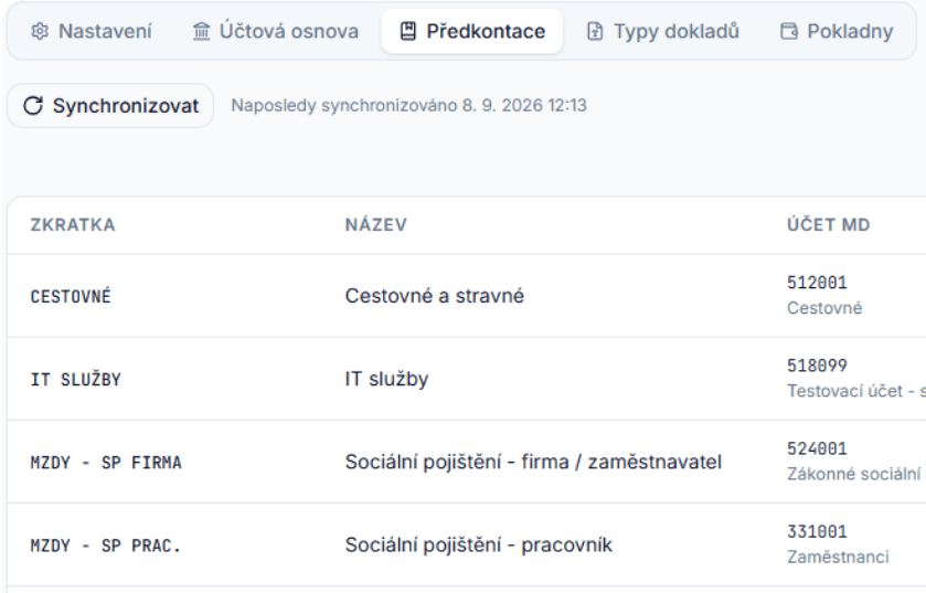 Ukázka synchronizovaných číselníků z účetního systému